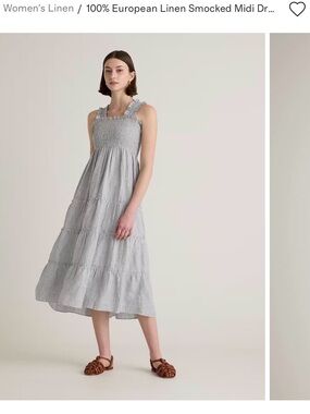 Quince Demin Blue with strips Smocked Tiered Linen Midi Dress